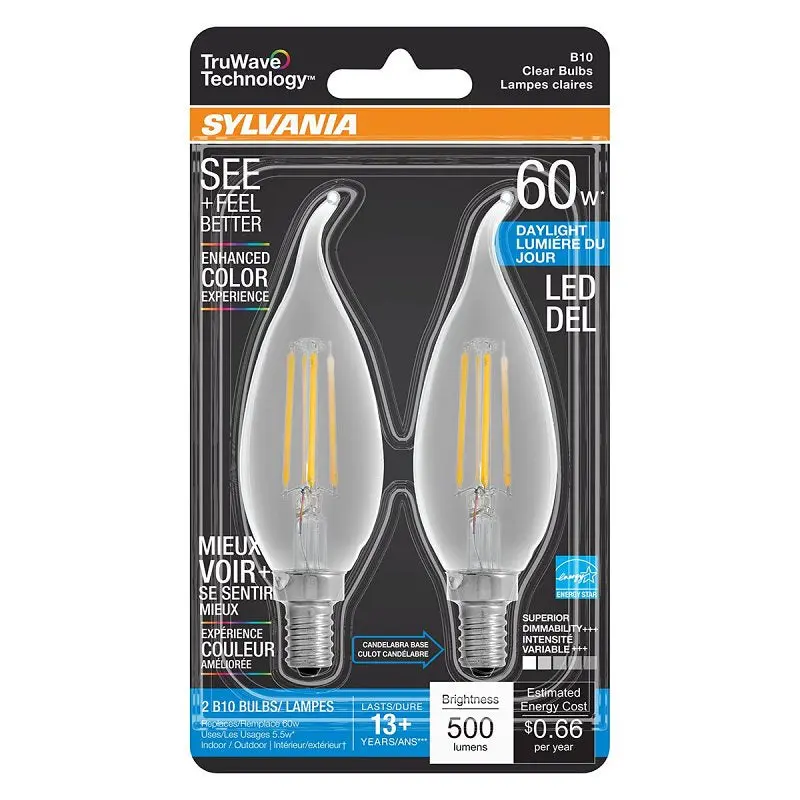 Sylvania 40759 Natural LED Bulb, Decorative, B10 Bent Tip Lamp, 60 W Equivalent, E12 Lamp Base, Dimmable, Clear