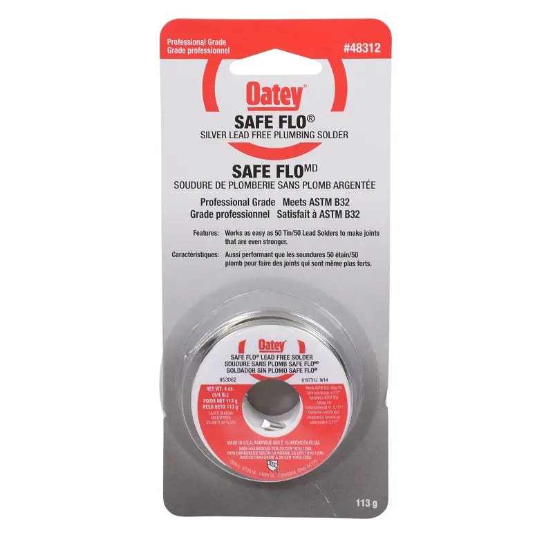 Oatey Safe-Flo 48312 Wire Solder, 113 g Carded, Solid, Silver Gray, 215 to 237 deg C Melting Point