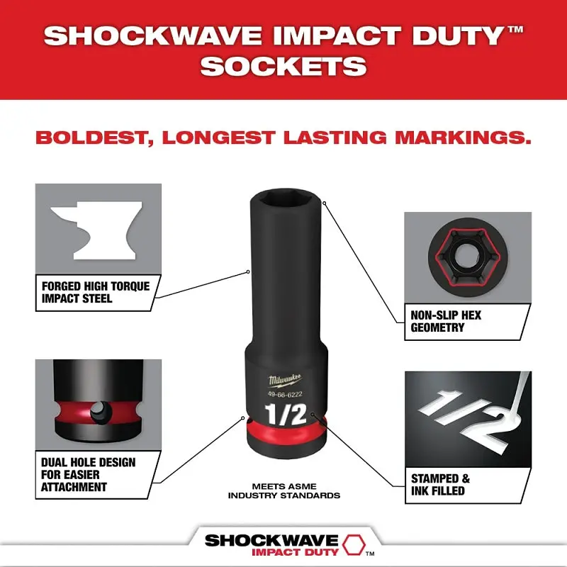 Milwaukee SHOCKWAVE Impact Duty Series 49-66-6806 Socket Set, Chrome Molybdenum Steel, Specifications: 1/2 in Drive