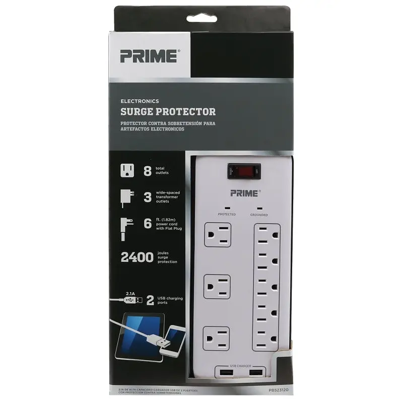Prime PB523120 Surge Protector with USB Charger, 125 V, 15 A, 8 -Outlet, 2400 J Energy, White