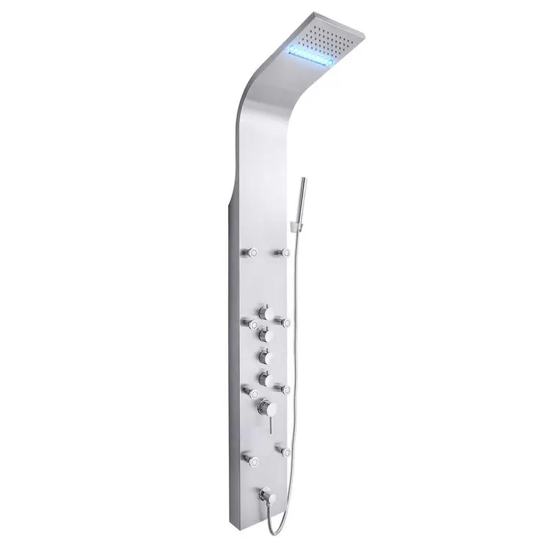 63 in. 8-Jet Shower Panel System in Stainless Steel with Rainfall Waterfall LED Shower Head and Hand Shower Wand23 / box