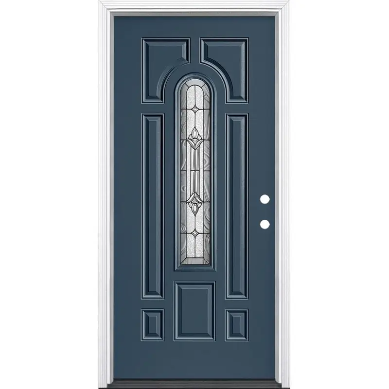 36 in. x 80 in. Providence Center Arch Left Hand Inswing Painted Steel Prehung Front Door with Brickmold, Vinyl FrameSilver Cloud / 36 x 80 / Left-Hand/Inswing