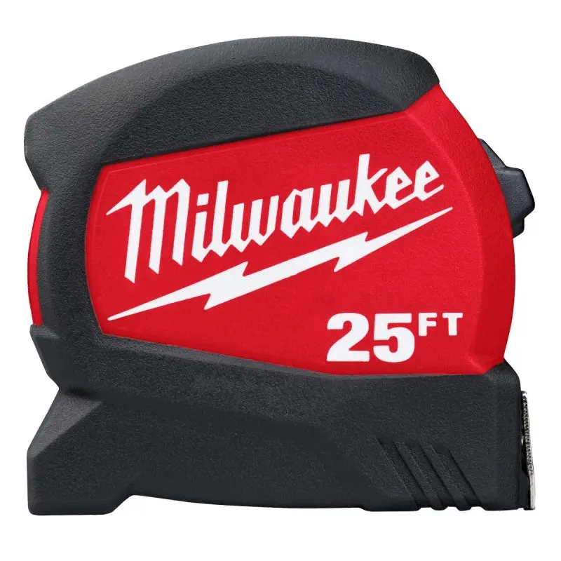 Milwaukee 48-22-0425 Tape Measure, 25 ft L Blade, 1-1/8 in W Blade, Steel Blade, ABS Case, Black/Red Case