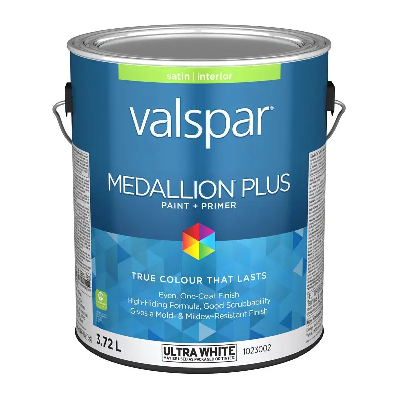 Medallion Plus 029.1023002.007 Interior Paint and Primer, Acrylic, Satin, Ultra White, 1 gal, 37 sq-m Coverage Area