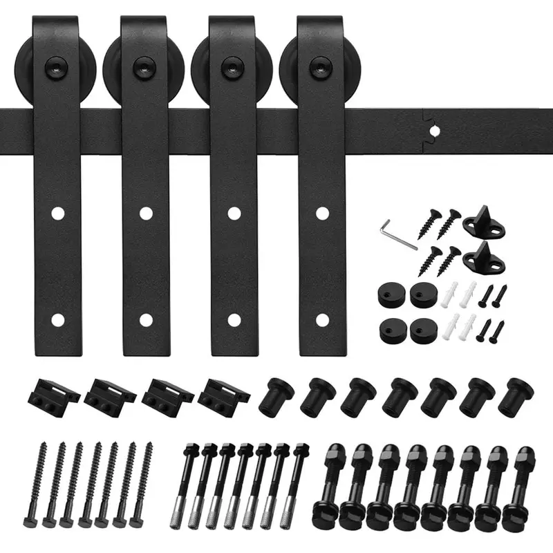 10 ft./120 in. Black Steel Sliding Barn Door Track and Hardware Kit for Double Doors with Floor Guide (J-Shape Hanger)