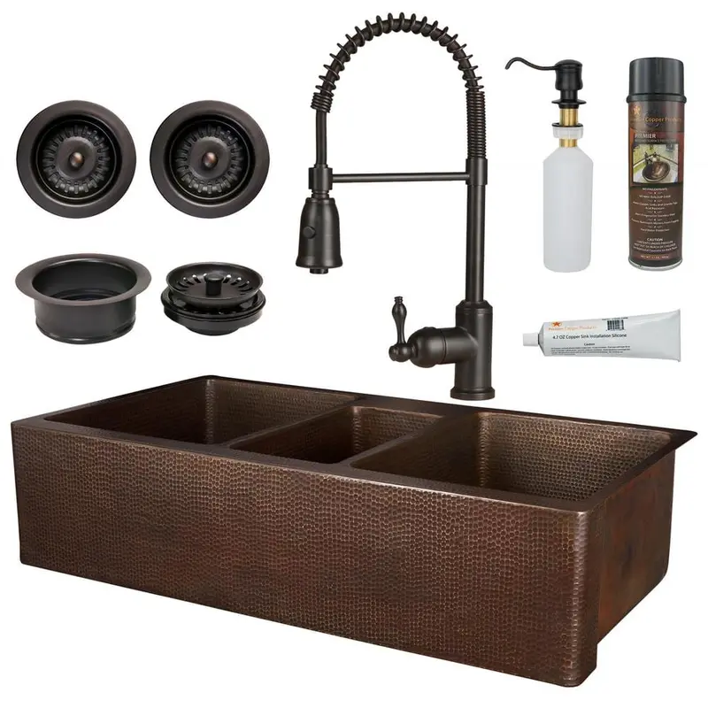 All-in-One Copper 42 in. Triple Bowl Kitchen Farmhouse Apron Front Sink with Spring Faucet in Oil Rubbed Bronze91 / each