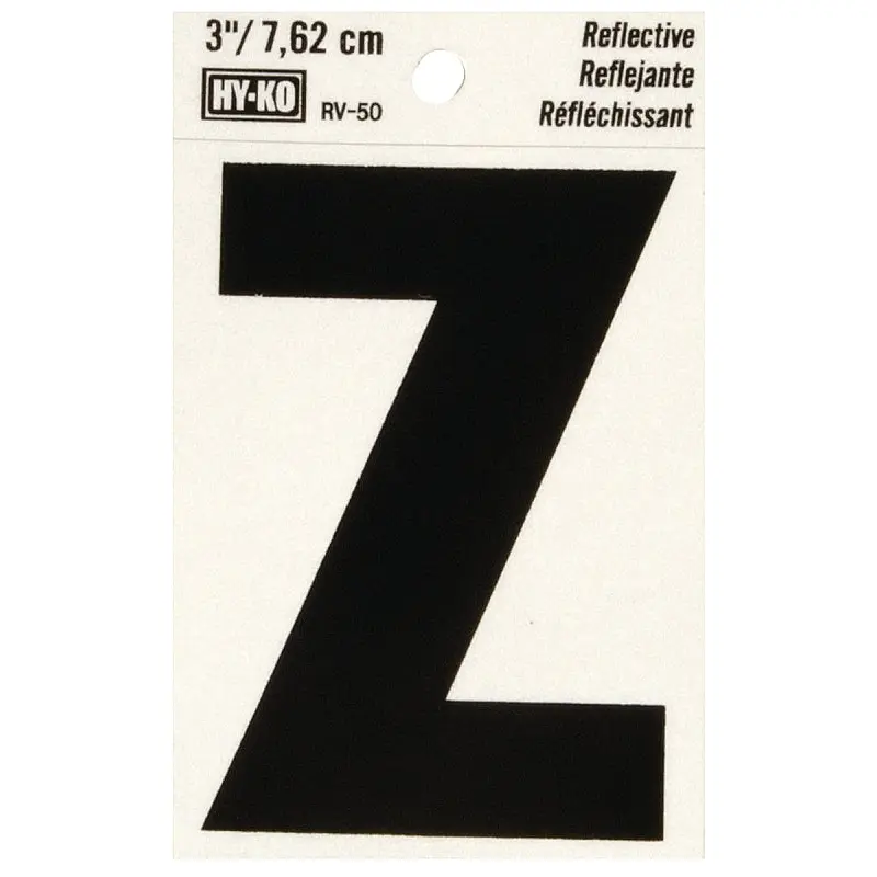 Hy-Ko RV-50/Z Reflective Letter, Character: Z, 3 in H Character, Black Character, Silver Background, Vinyl
