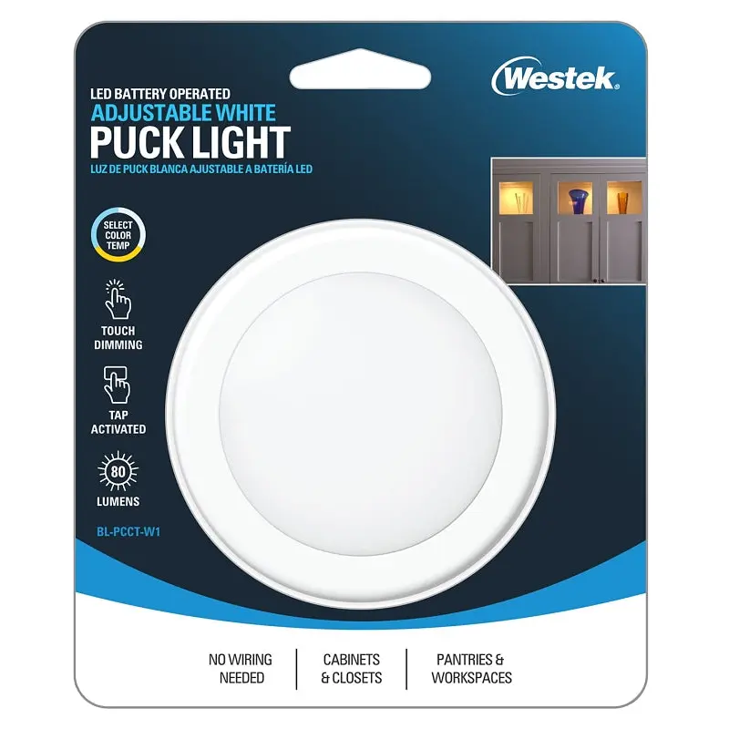 Westek BL-PCCT-W1 Adjustable Puck Light, AA Battery, LED Lamp, 80 Lumens, 3000, 4000, 5000 K Color Temp, White, 1/CD