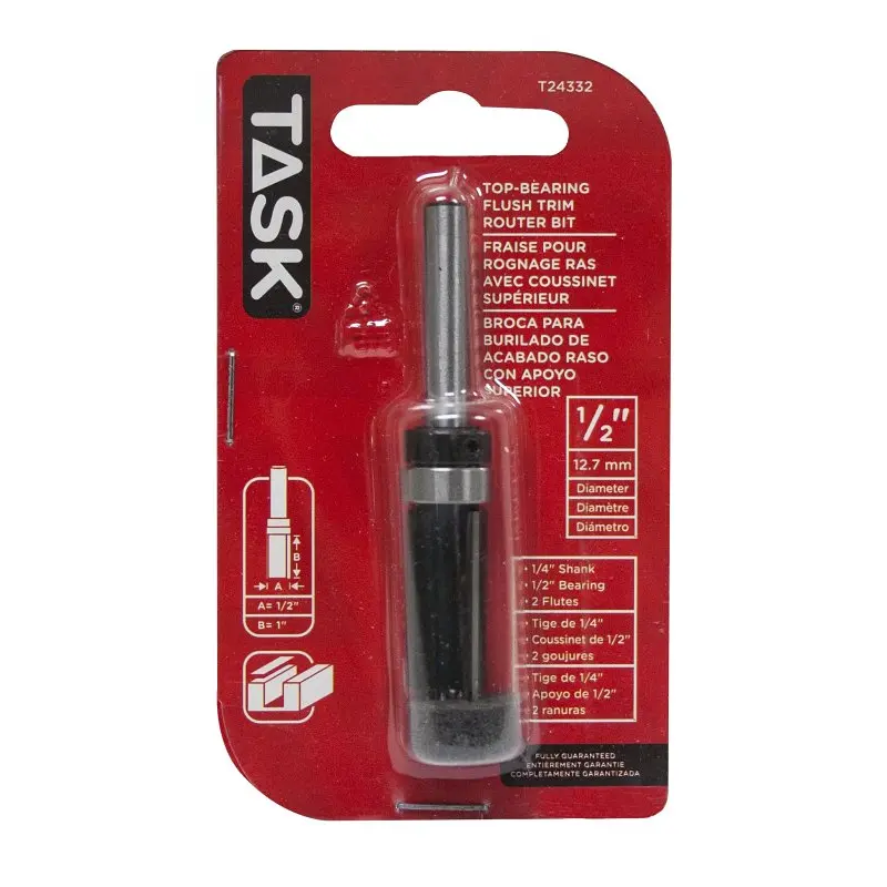 Task T24332 Flush Trim Router Bit, 1/2 in Dia Cutter, 1/4 in Dia Shank, Steel/Tungsten Carbide