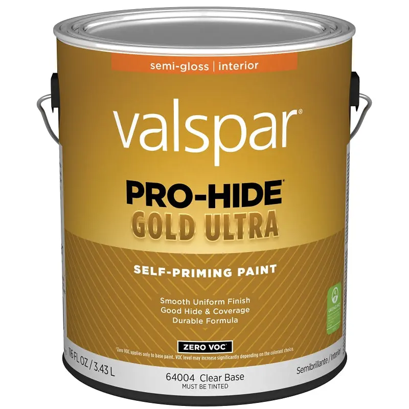 Valspar Pro-Hide Gold Ultra 6400 028.0064004.007 Latex Paint, Acrylic Base, Semi-Gloss Sheen, Clear Base, 1 gal