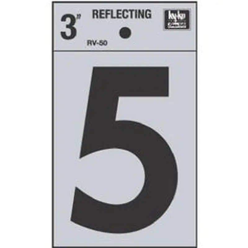 Address Number, "5", Reflective, Black Vinyl Adhesive, 3-In.