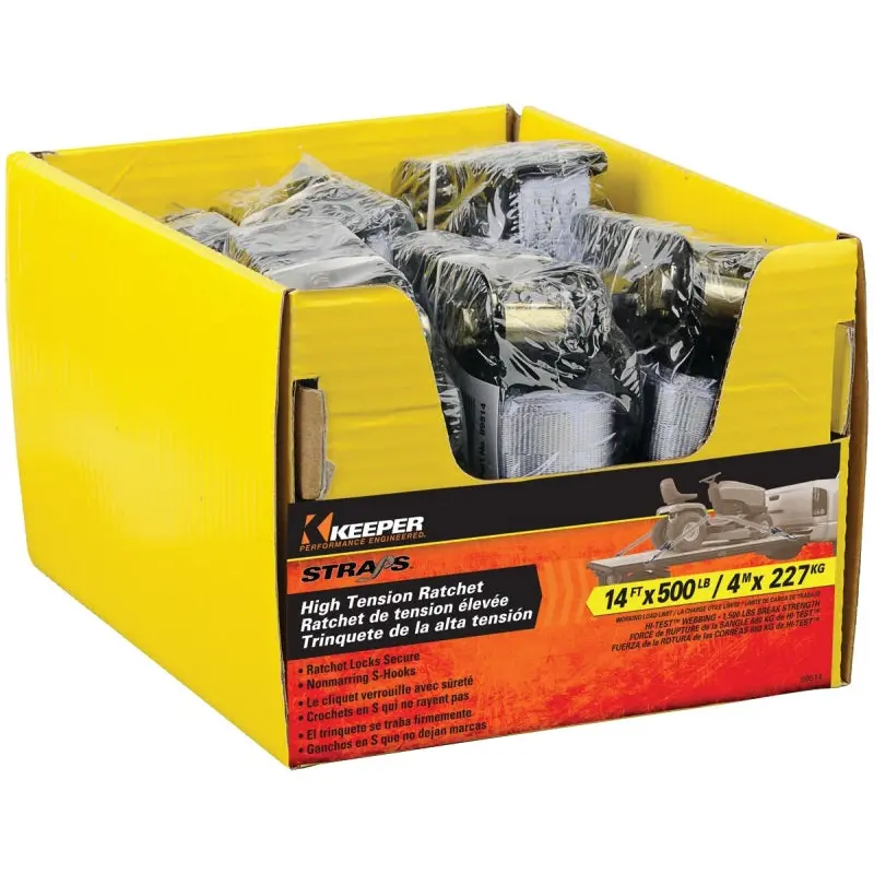 Keeper 89514 Tie-Down, 1 in W, 14 ft L, Gray, 500 lb Working Load, S-Hook End