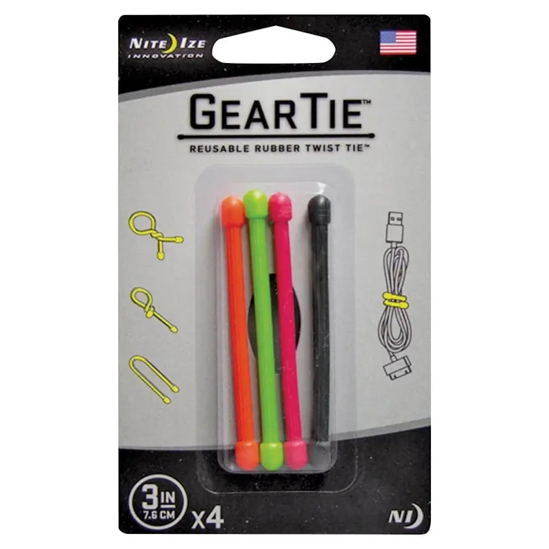 Gear Tie GT3-4PK-A1 Twist Tie, Rubber, Assorted