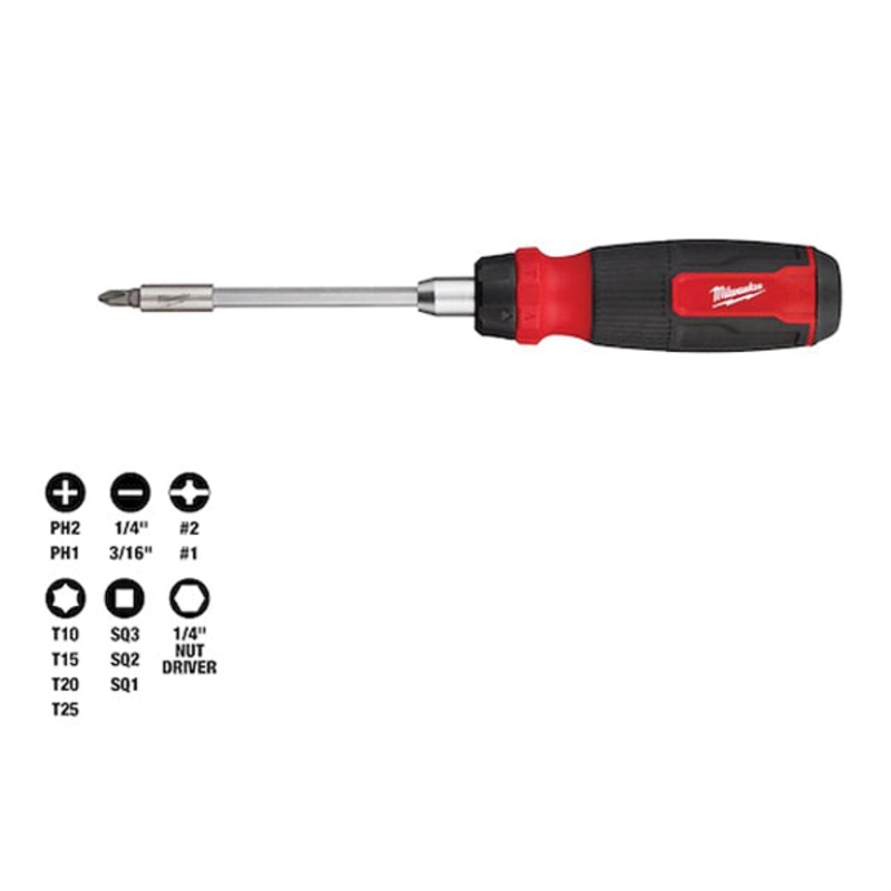 Milwaukee 48-22-2903 Multi-Bit Screwdriver, ECX, Phillips, Slotted, Square, Torx Point, 1/4 in Drive